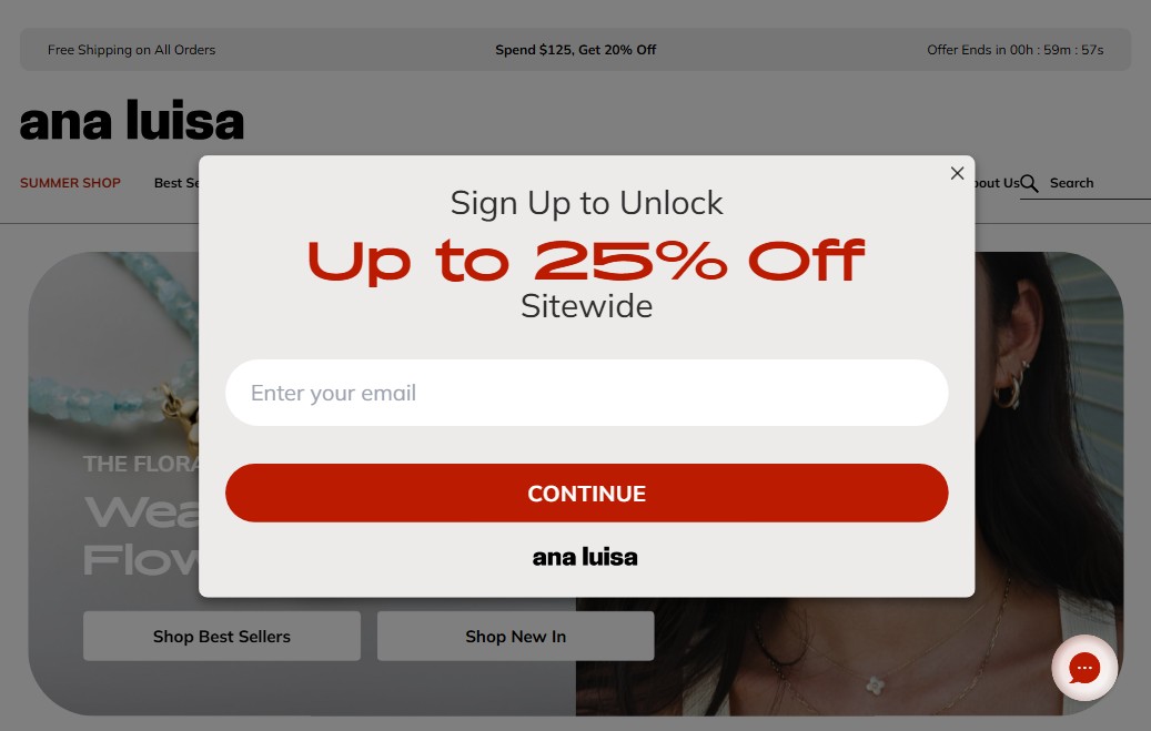 Ana Luisa — First-Visit Email Popup with 15% Welcome Discount